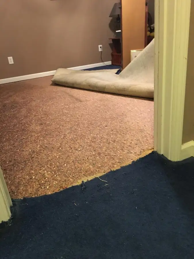Carpet pad removal revealing water damage during Drying & Dehumidification in Gulfport